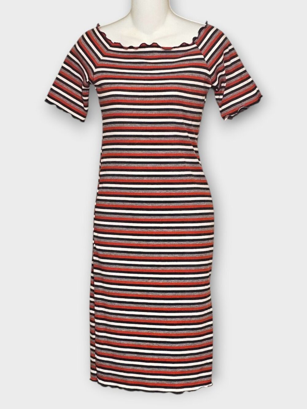 Caution to the Wind Striped Midi Dress Women’s Large Off Shoulder Ribbed USA - Picture 4 of 10